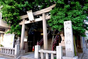 誕生八幡神社の鳥居とイチョウ